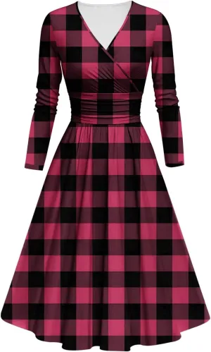 Cocktail Dresses for Women Long Sleeves V-Neck Midi Dresses Vintage Plaid Print Plus Size Knee-Length Party Dress