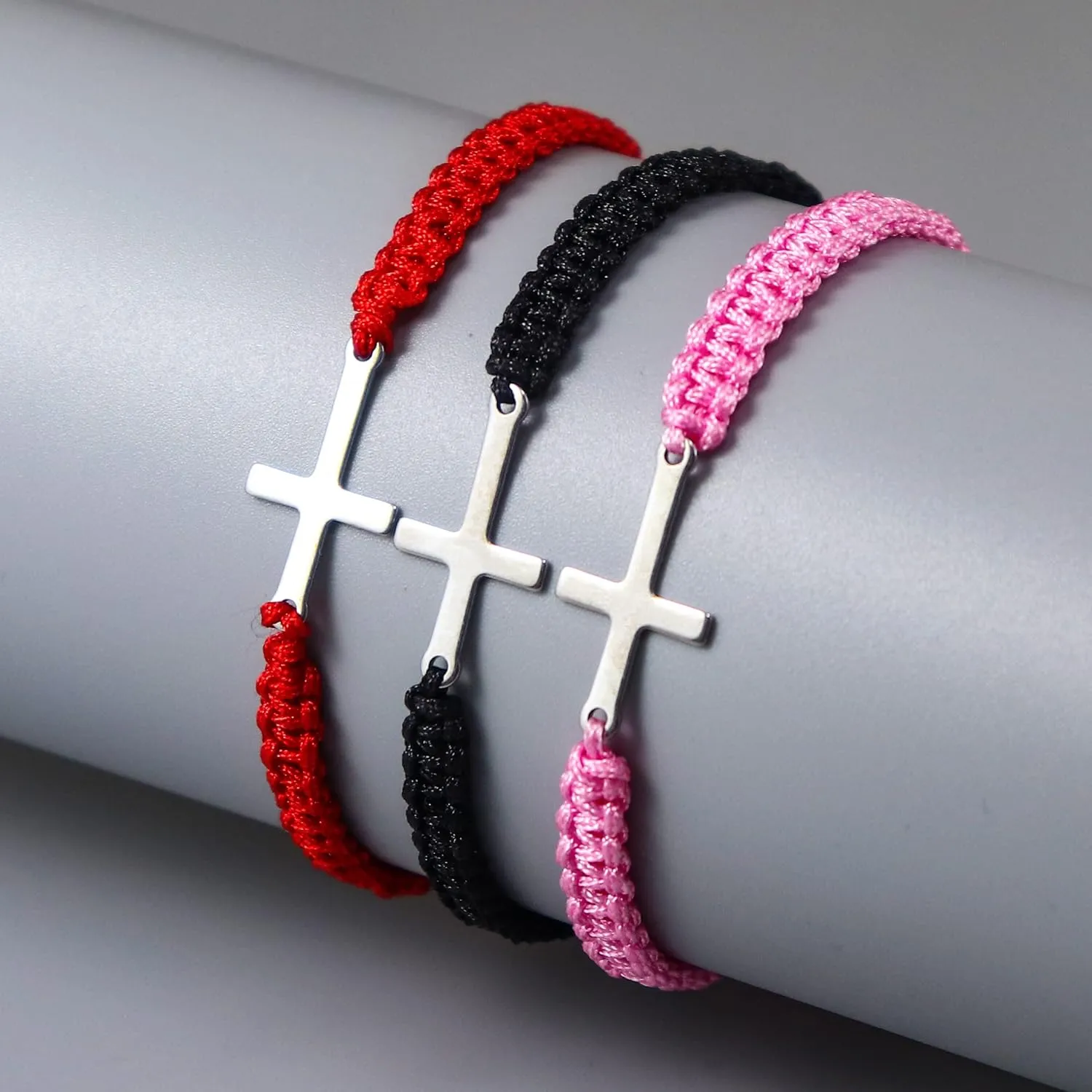 COLORFUL BLING Cross Bracelet for Women Men Stainless Steel Adjustable Braided String Sideways Bracelet Protection Prayer Amulet Christian Jewelry