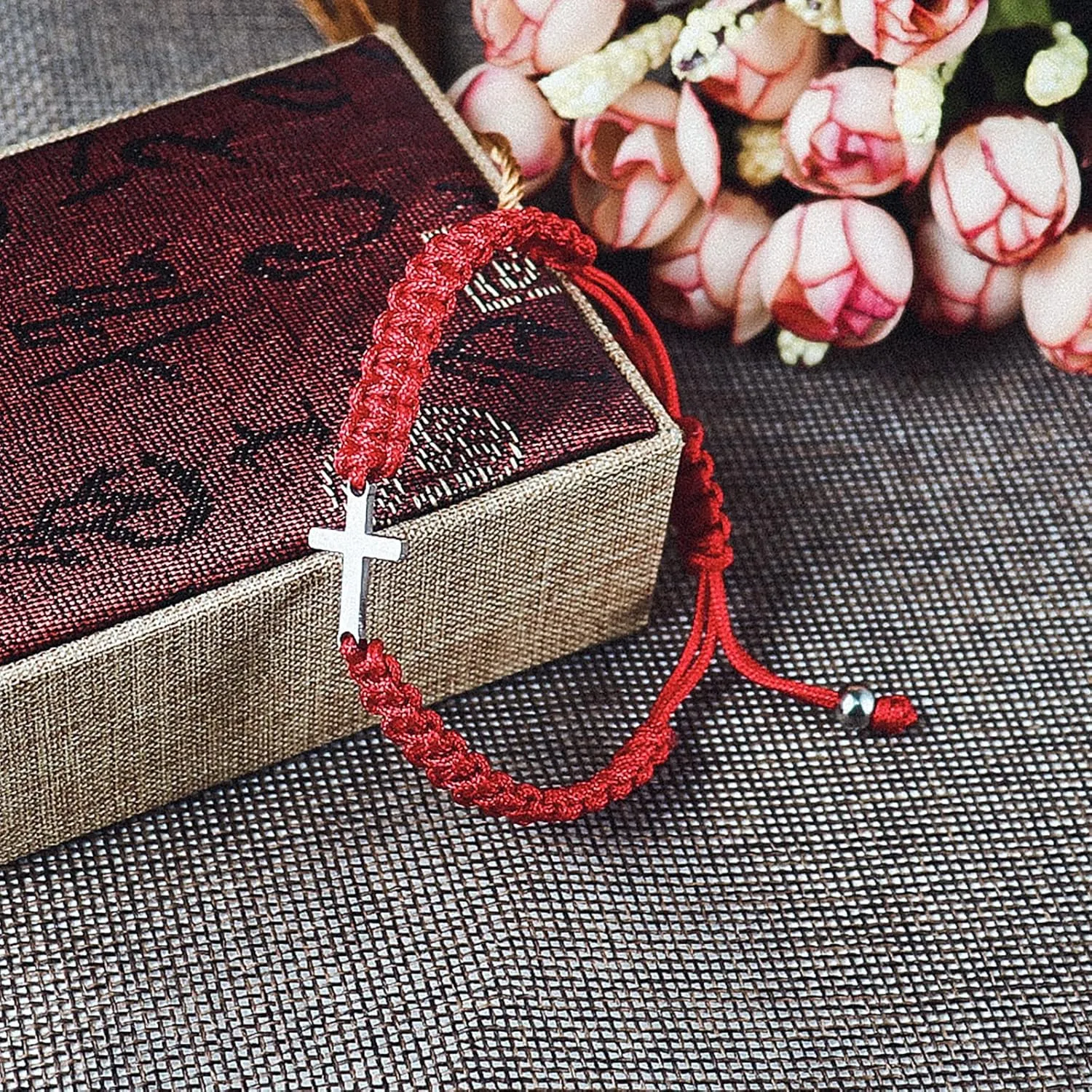 COLORFUL BLING Cross Bracelet for Women Men Stainless Steel Adjustable Braided String Sideways Bracelet Protection Prayer Amulet Christian Jewelry