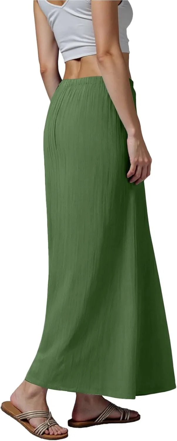 cooki Linen Flared Maxi Skirts for Women Summer Casual Vacation Boho Elastic Waist Drawstring Long Flowy Ankle-Length Skirt