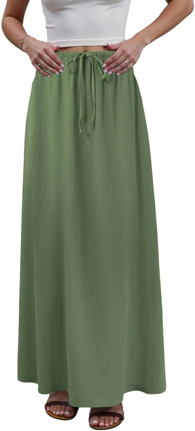 cooki Linen Flared Maxi Skirts for Women Summer Casual Vacation Boho Elastic Waist Drawstring Long Flowy Ankle-Length Skirt