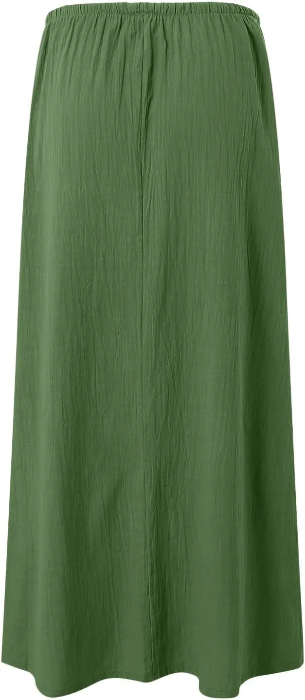 cooki Linen Flared Maxi Skirts for Women Summer Casual Vacation Boho Elastic Waist Drawstring Long Flowy Ankle-Length Skirt