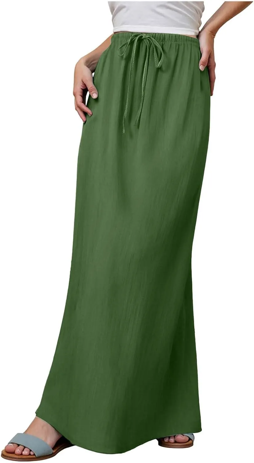 cooki Linen Flared Maxi Skirts for Women Summer Casual Vacation Boho Elastic Waist Drawstring Long Flowy Ankle-Length Skirt