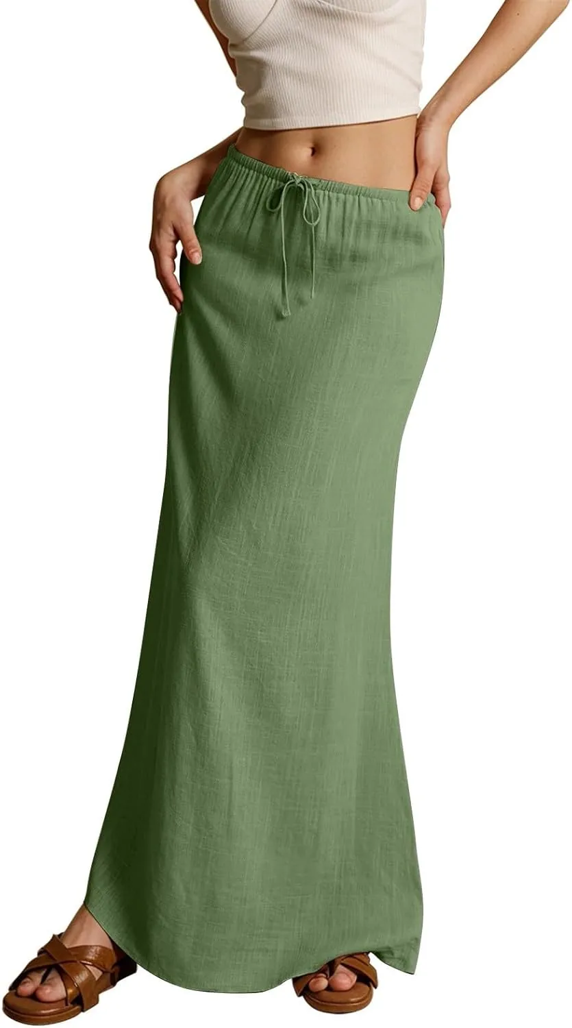 cooki Linen Flared Maxi Skirts for Women Summer Casual Vacation Boho Elastic Waist Drawstring Long Flowy Ankle-Length Skirt