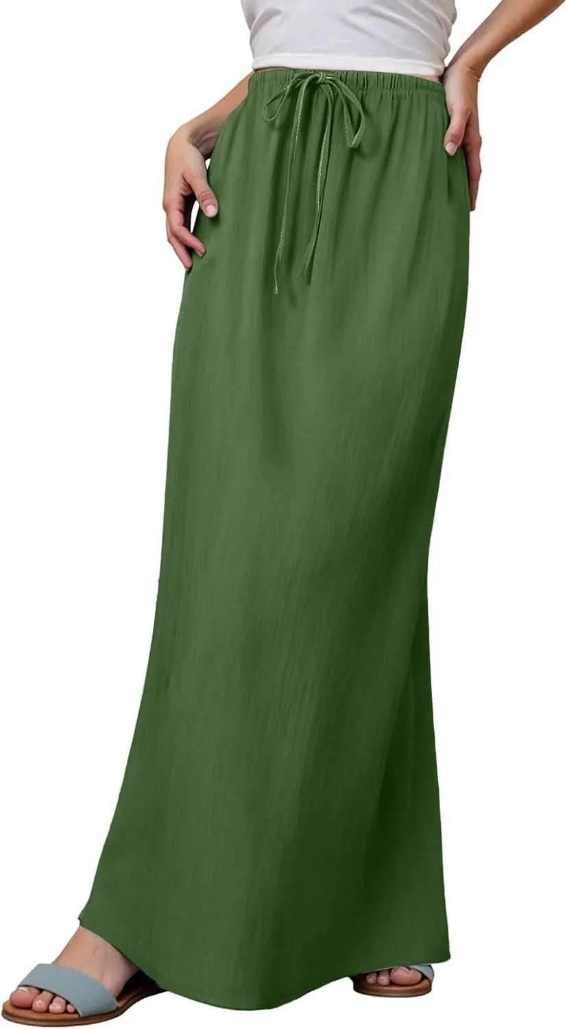 cooki Linen Flared Maxi Skirts for Women Summer Casual Vacation Boho Elastic Waist Drawstring Long Flowy Ankle-Length Skirt