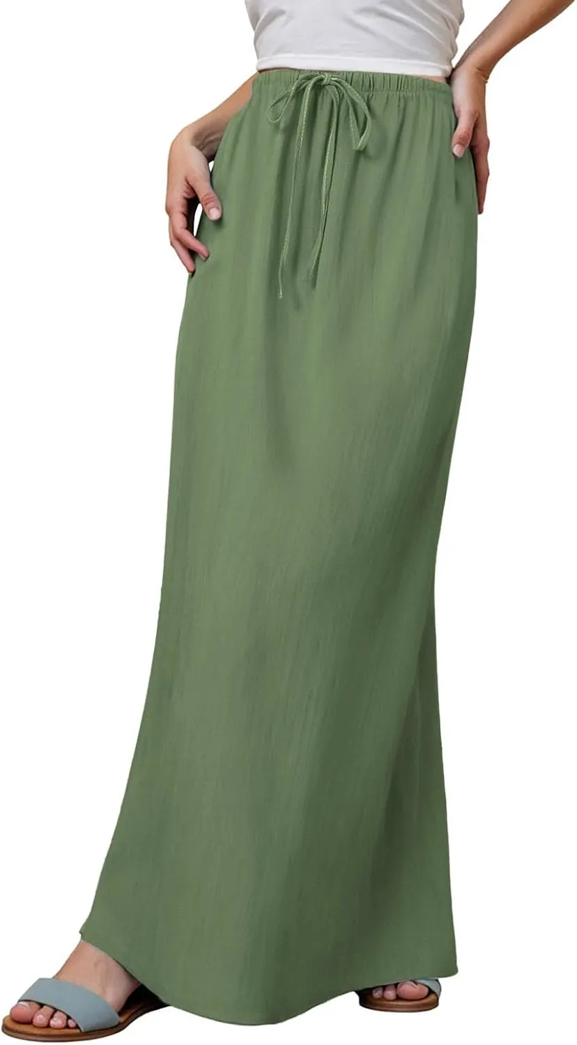 cooki Linen Flared Maxi Skirts for Women Summer Casual Vacation Boho Elastic Waist Drawstring Long Flowy Ankle-Length Skirt