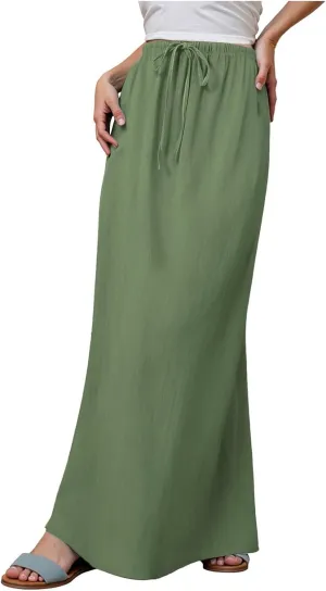 cooki Linen Flared Maxi Skirts for Women Summer Casual Vacation Boho Elastic Waist Drawstring Long Flowy Ankle-Length Skirt