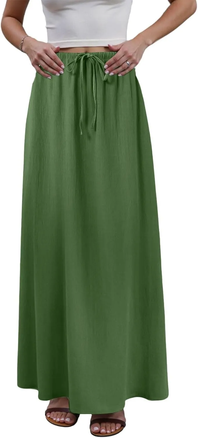 cooki Linen Flared Maxi Skirts for Women Summer Casual Vacation Boho Elastic Waist Drawstring Long Flowy Ankle-Length Skirt
