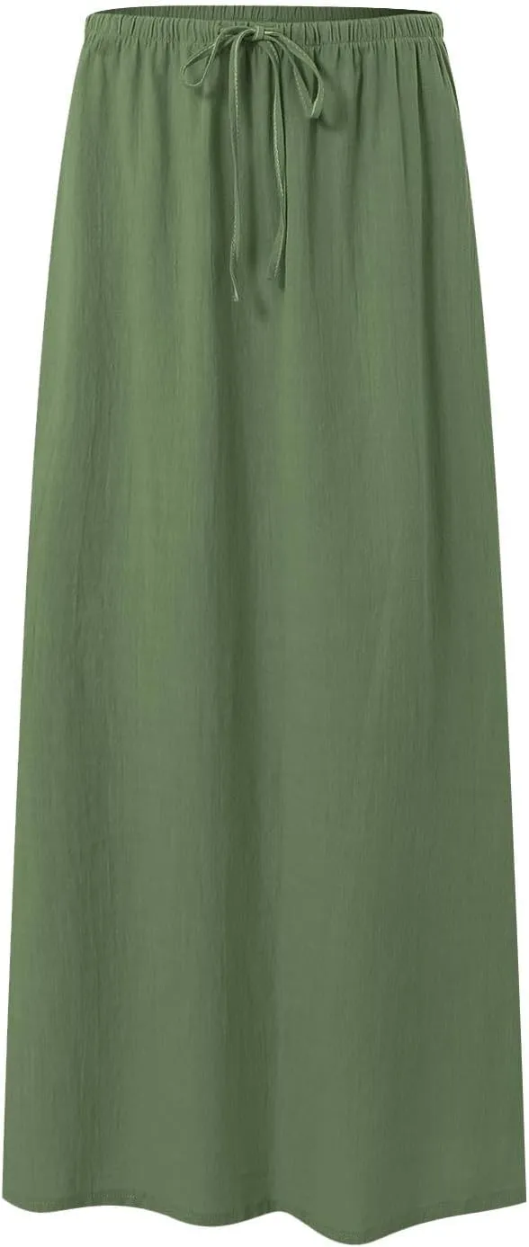 cooki Linen Flared Maxi Skirts for Women Summer Casual Vacation Boho Elastic Waist Drawstring Long Flowy Ankle-Length Skirt