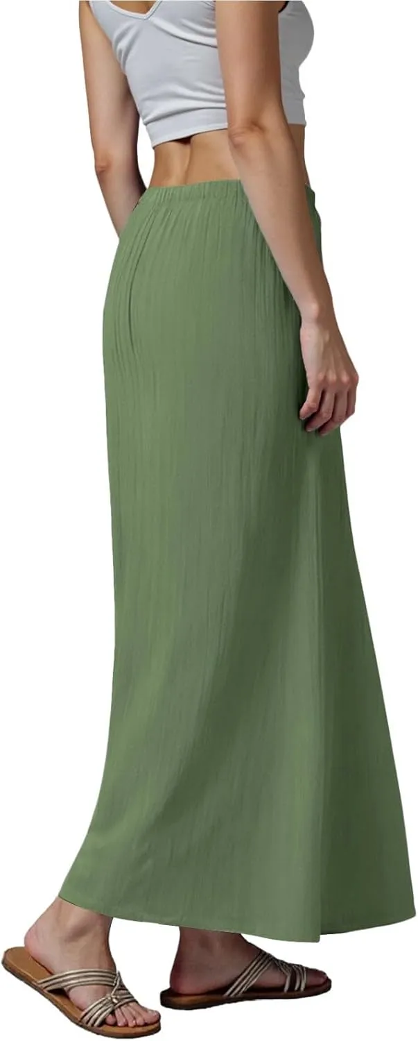 cooki Linen Flared Maxi Skirts for Women Summer Casual Vacation Boho Elastic Waist Drawstring Long Flowy Ankle-Length Skirt