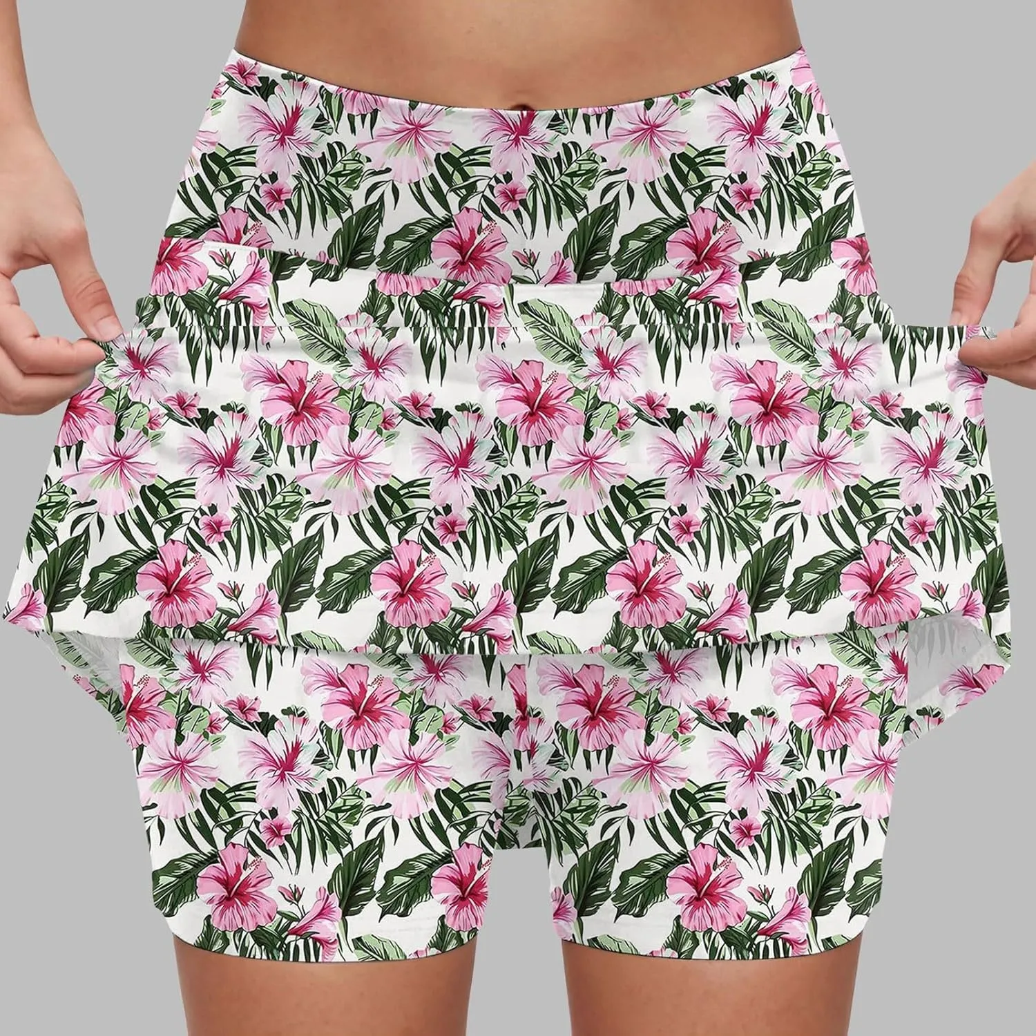 cooki Women's Athletic Skorts Lightweight Golf Skirts Inner Shorts Summer High Waisted Stretchy Floral Print Tennis Skort