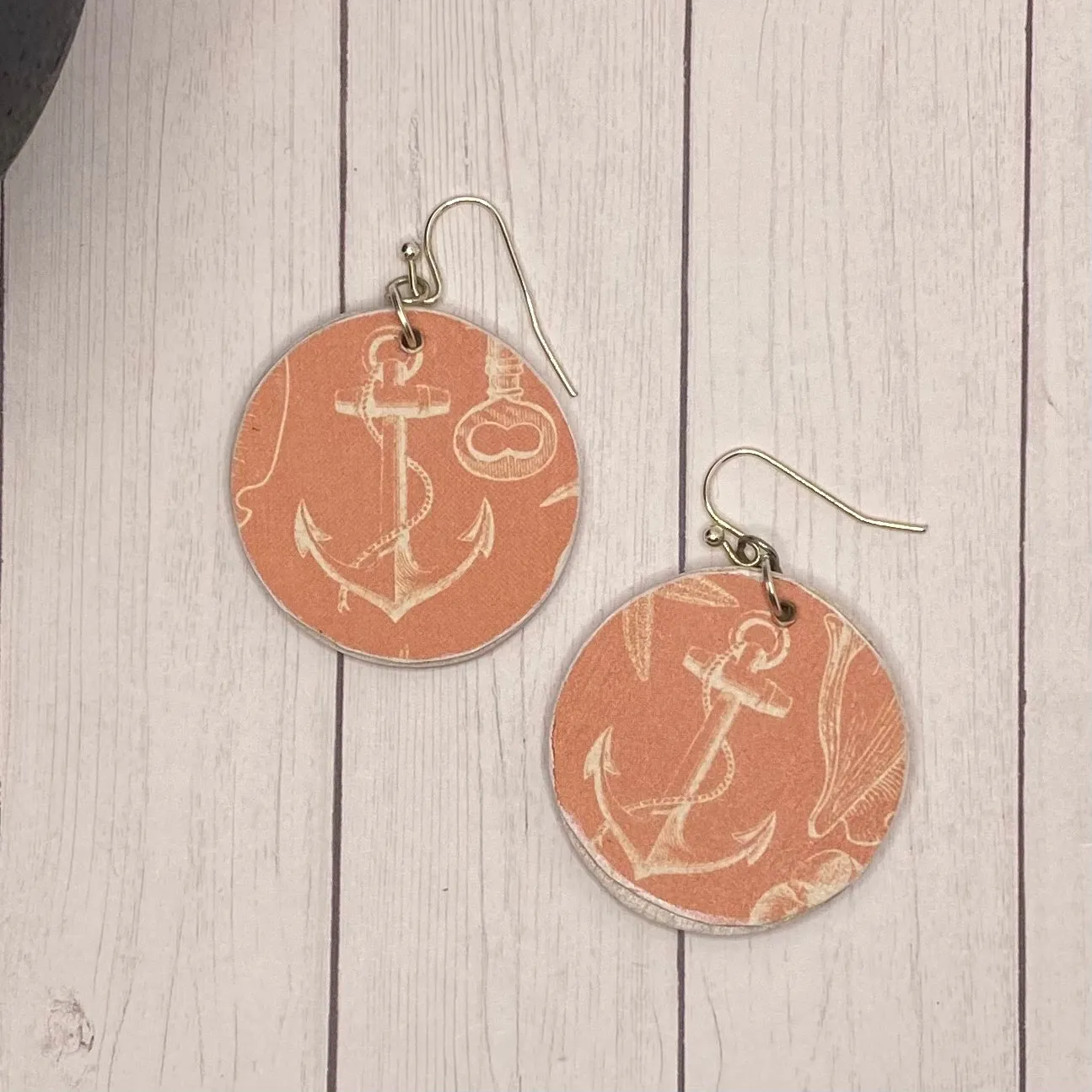 Coral Anchor Wood Earrings
