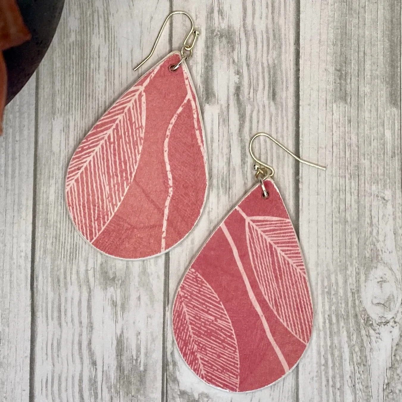 Coral and White Leaf Wood Earrings