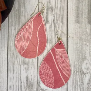 Coral and White Leaf Wood Earrings
