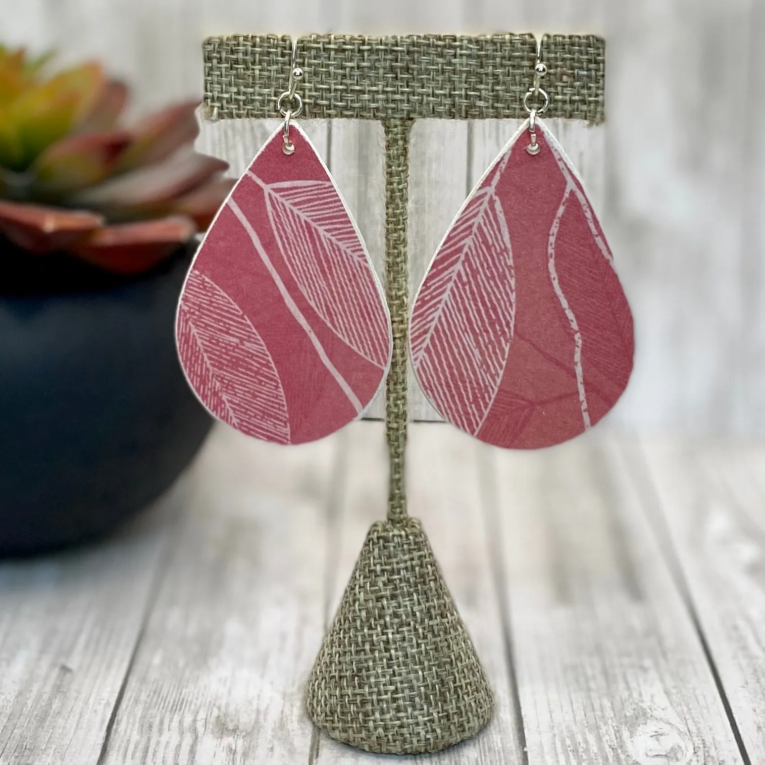 Coral and White Leaf Wood Earrings