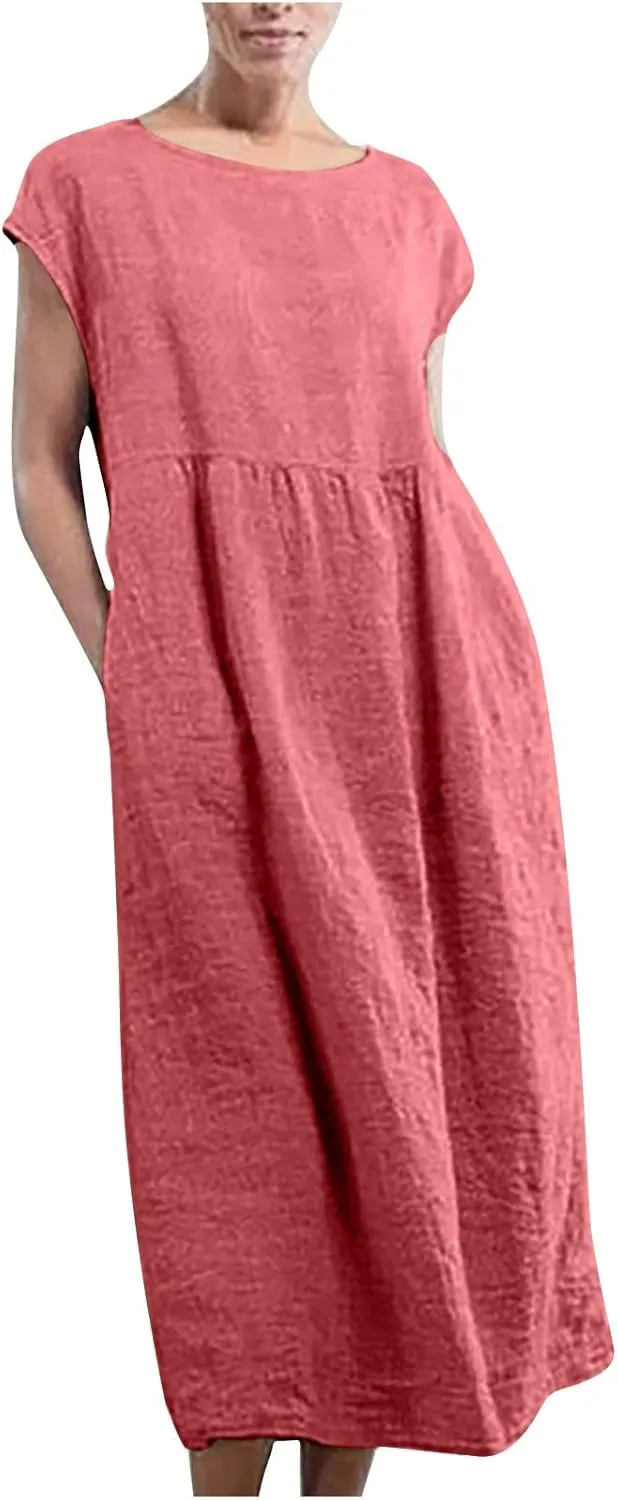 Cotton Linen Dresses for Women 2025 Summer Short Sleeve Crew Neck Midi Dress Casual Loose Comfy Plus Size Beach Dress