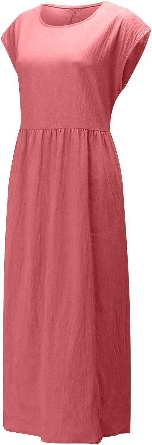 Cotton Linen Dresses for Women 2025 Summer Short Sleeve Crew Neck Midi Dress Casual Loose Comfy Plus Size Beach Dress