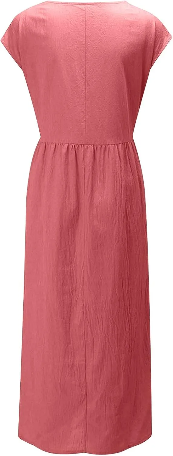 Cotton Linen Dresses for Women 2025 Summer Short Sleeve Crew Neck Midi Dress Casual Loose Comfy Plus Size Beach Dress