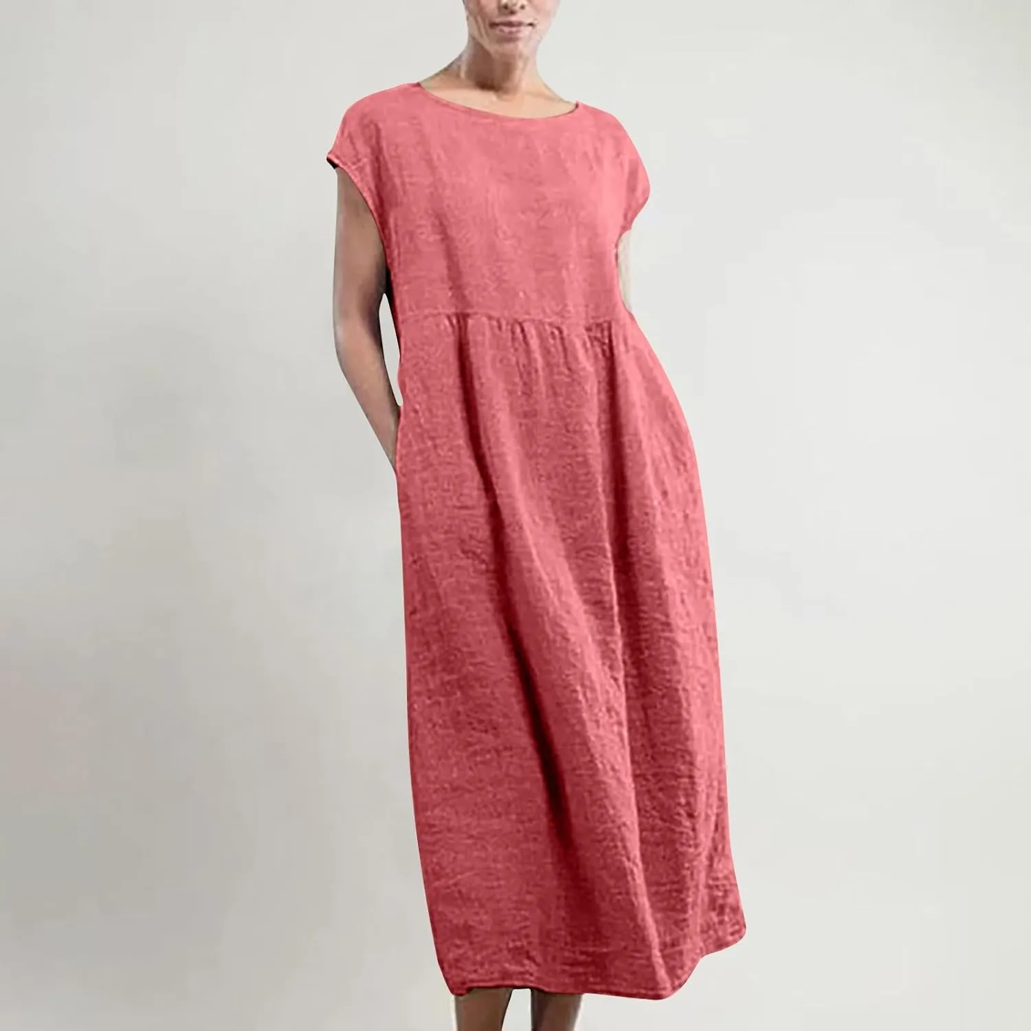 Cotton Linen Dresses for Women 2025 Summer Short Sleeve Crew Neck Midi Dress Casual Loose Comfy Plus Size Beach Dress
