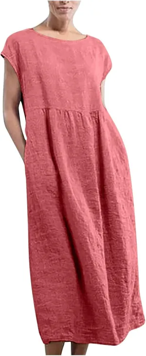 Cotton Linen Dresses for Women 2025 Summer Short Sleeve Crew Neck Midi Dress Casual Loose Comfy Plus Size Beach Dress