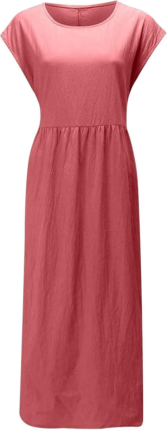 Cotton Linen Dresses for Women 2025 Summer Short Sleeve Crew Neck Midi Dress Casual Loose Comfy Plus Size Beach Dress