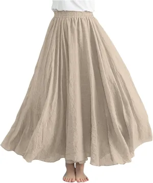 Cotton Linen Maxi Skirt for Women High Waist Flowy Beach Long SkirtsSolid Color Boho Casual Elastic Waist Summer Style