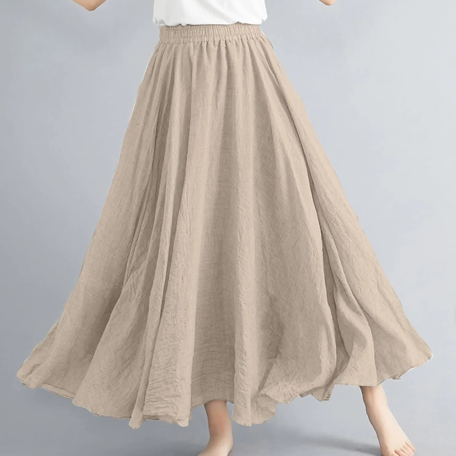 Cotton Linen Maxi Skirt for Women High Waist Flowy Beach Long SkirtsSolid Color Boho Casual Elastic Waist Summer Style