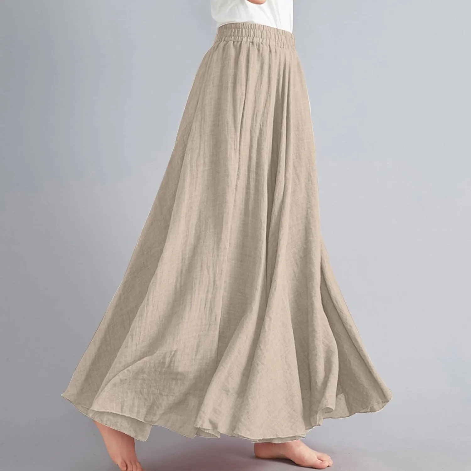 Cotton Linen Maxi Skirt for Women High Waist Flowy Beach Long SkirtsSolid Color Boho Casual Elastic Waist Summer Style