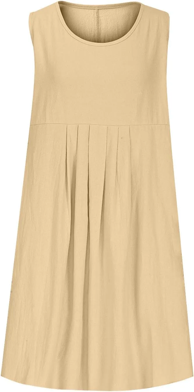 Cotton Linen Midi Dress for Women Summer Casual Loose Fit Vacation Beach Dresses Sleeveless Solid Pleated Dress