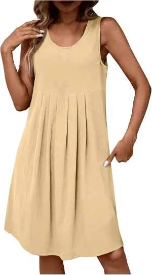 Cotton Linen Midi Dress for Women Summer Casual Loose Fit Vacation Beach Dresses Sleeveless Solid Pleated Dress