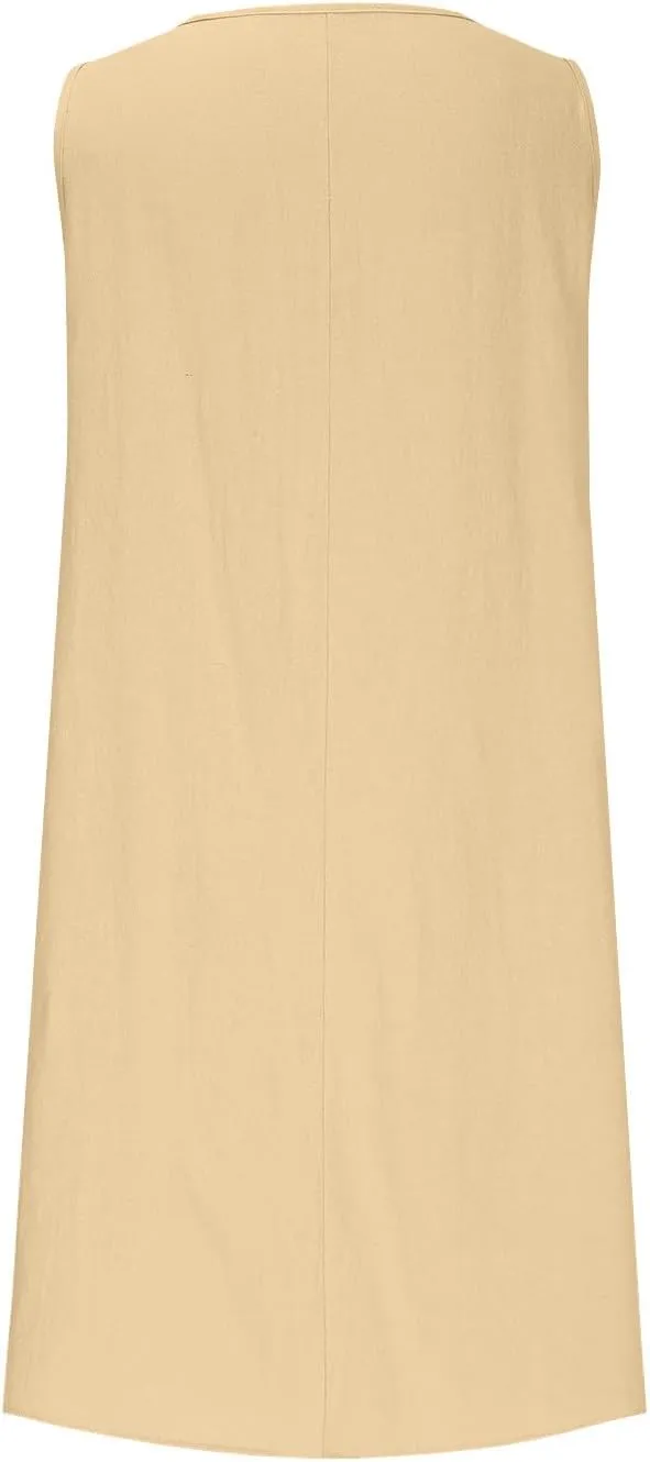 Cotton Linen Midi Dress for Women Summer Casual Loose Fit Vacation Beach Dresses Sleeveless Solid Pleated Dress