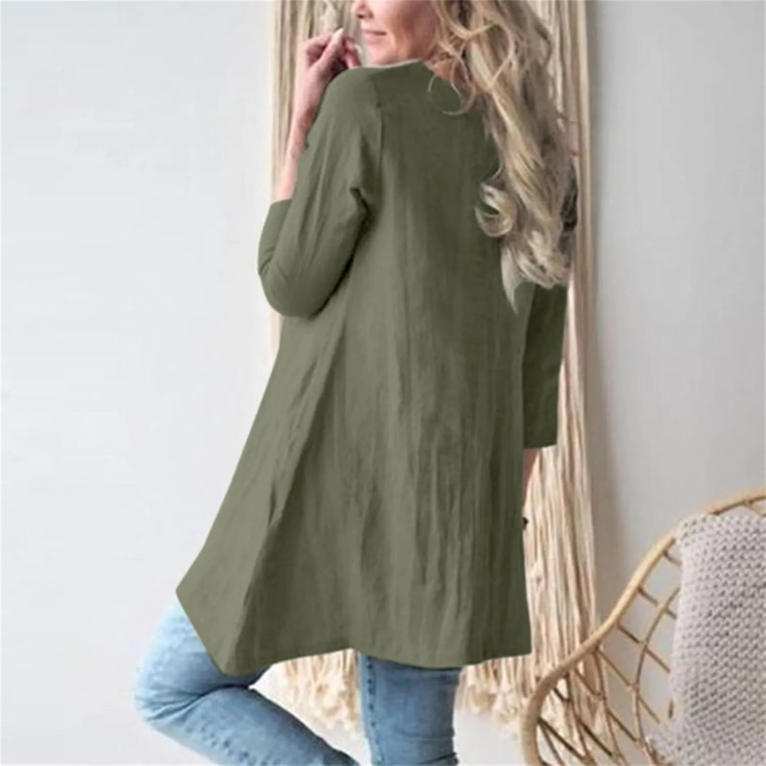 Cotton Linen Summer Midi Dresses for Women 2025 Vacation Loose 3/4 Sleeve Round Neck Tops Tunic Dresses with Pockets