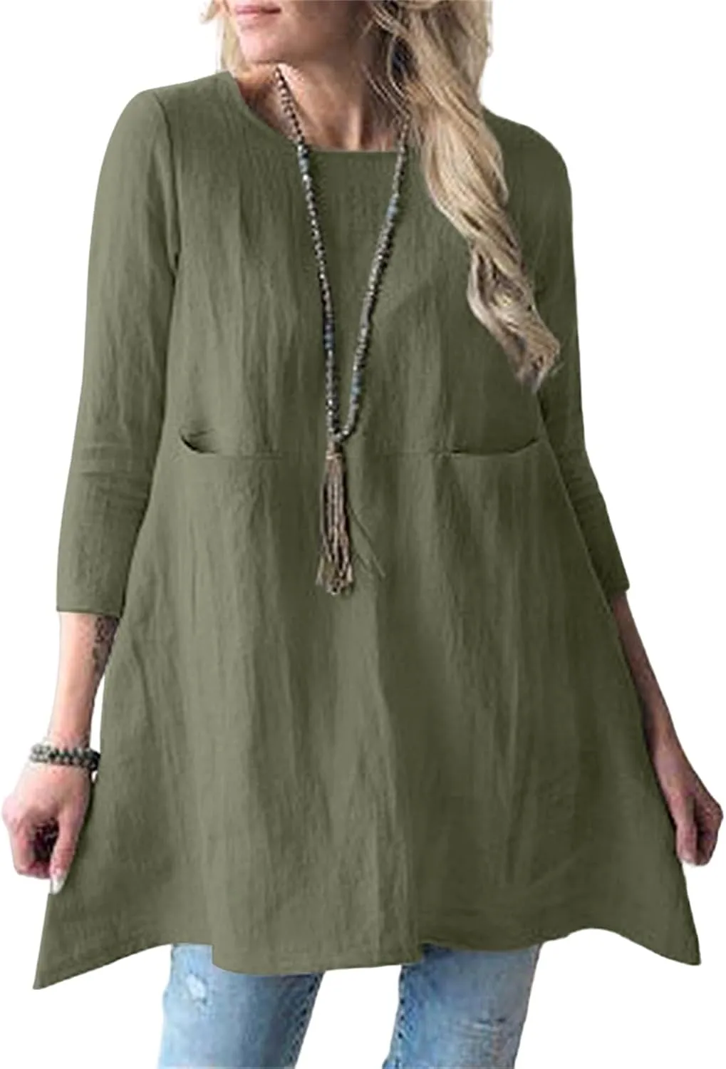 Cotton Linen Summer Midi Dresses for Women 2025 Vacation Loose 3/4 Sleeve Round Neck Tops Tunic Dresses with Pockets
