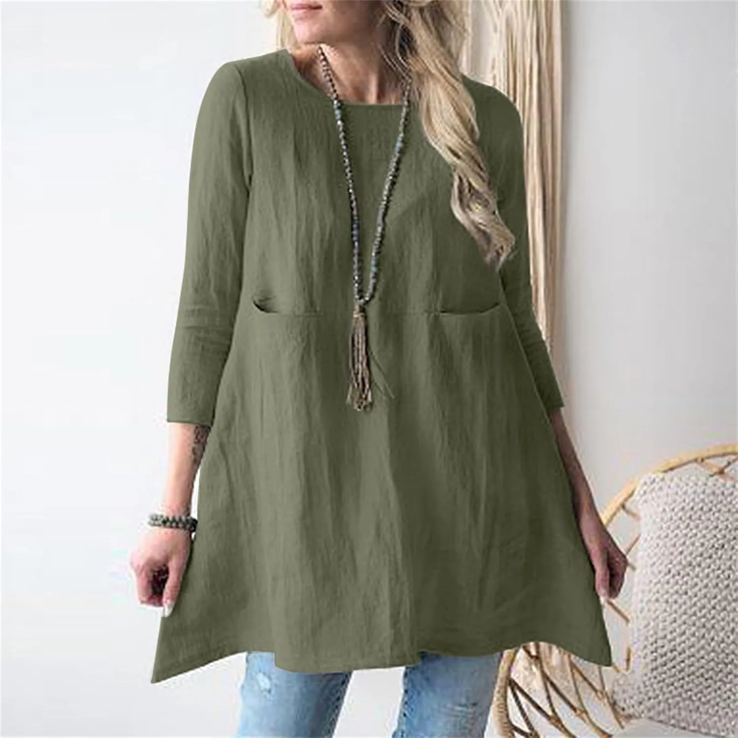 Cotton Linen Summer Midi Dresses for Women 2025 Vacation Loose 3/4 Sleeve Round Neck Tops Tunic Dresses with Pockets
