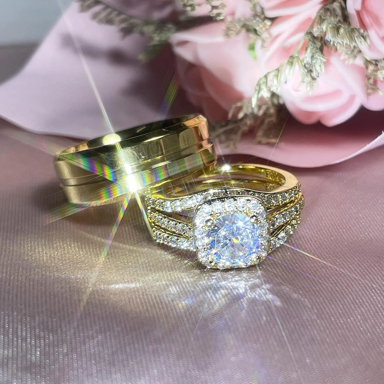 Couple Rings Matching Ring 1.8ct CZ Gold Plated Women Wedding Ring Sets for Him and Her His Engagement Bridal Ring Sets