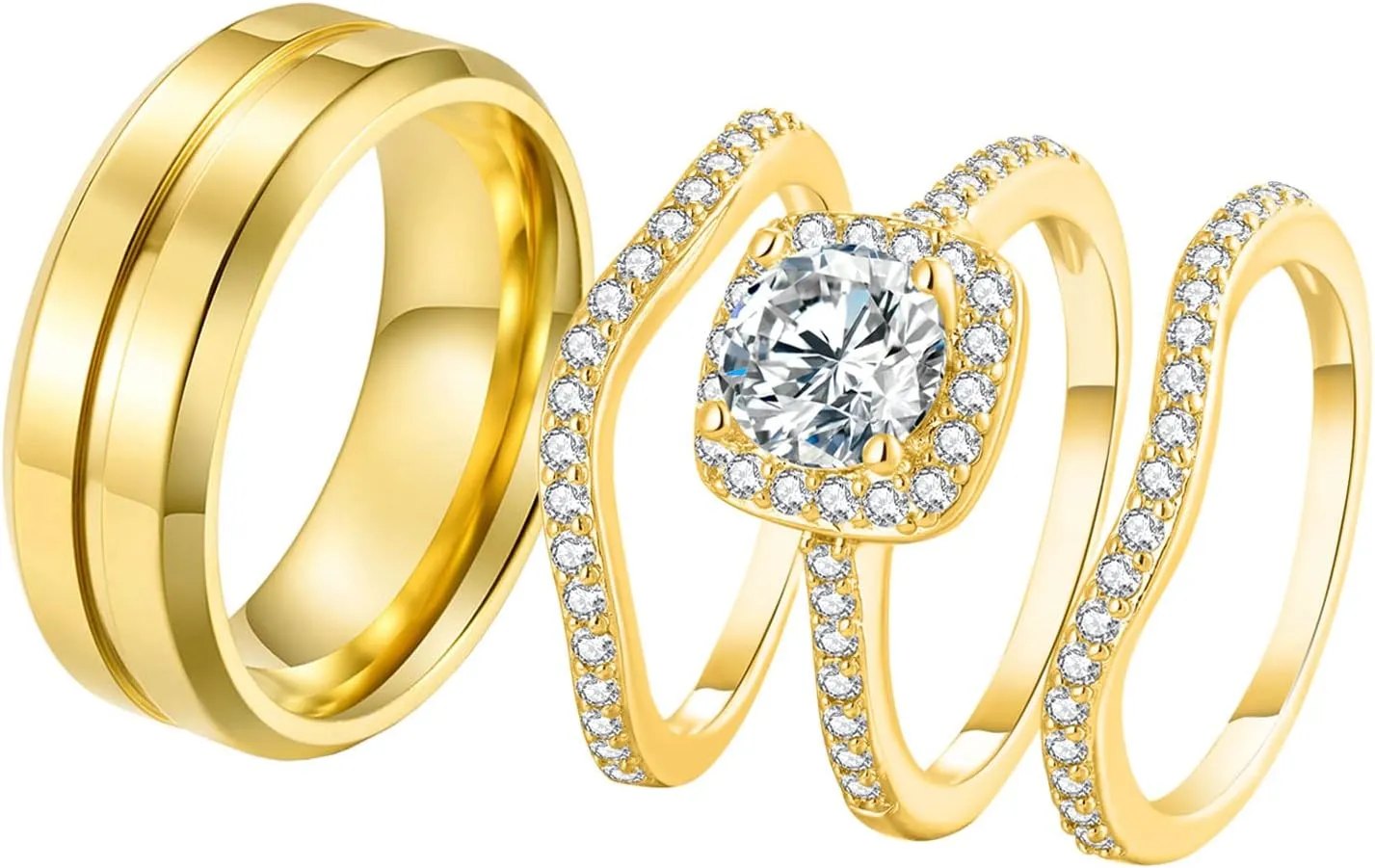 Couple Rings Matching Ring 1.8ct CZ Gold Plated Women Wedding Ring Sets for Him and Her His Engagement Bridal Ring Sets