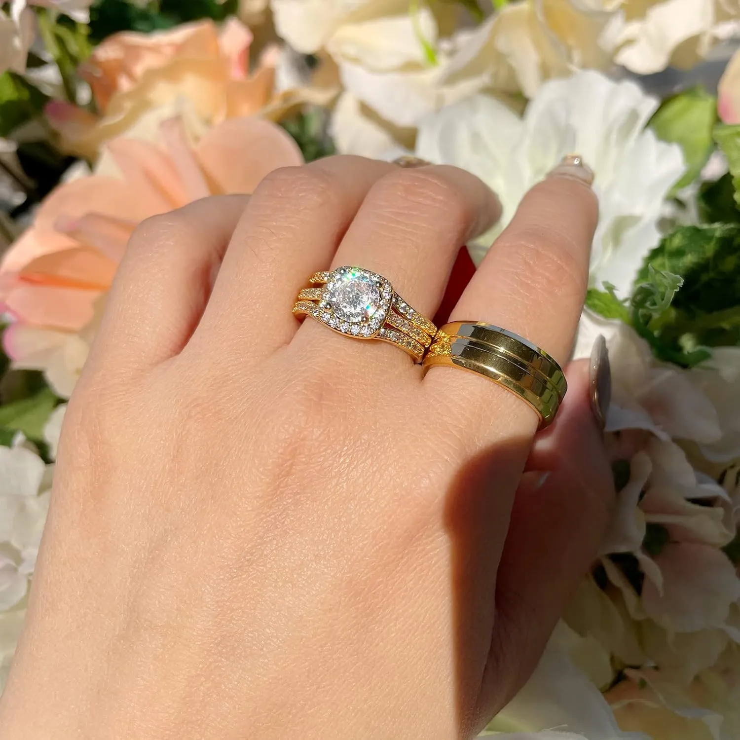 Couple Rings Matching Ring 1.8ct CZ Gold Plated Women Wedding Ring Sets for Him and Her His Engagement Bridal Ring Sets