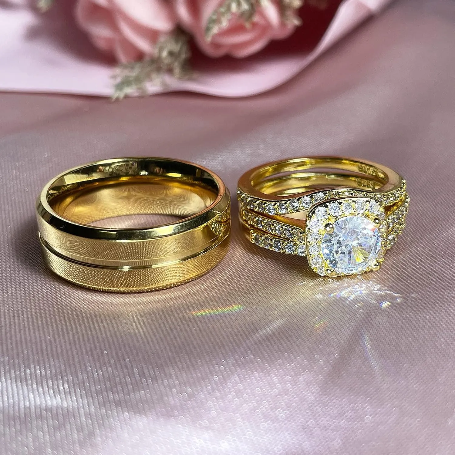 Couple Rings Matching Ring 1.8ct CZ Gold Plated Women Wedding Ring Sets for Him and Her His Engagement Bridal Ring Sets