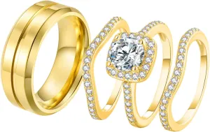 Couple Rings Matching Ring 1.8ct CZ Gold Plated Women Wedding Ring Sets for Him and Her His Engagement Bridal Ring Sets
