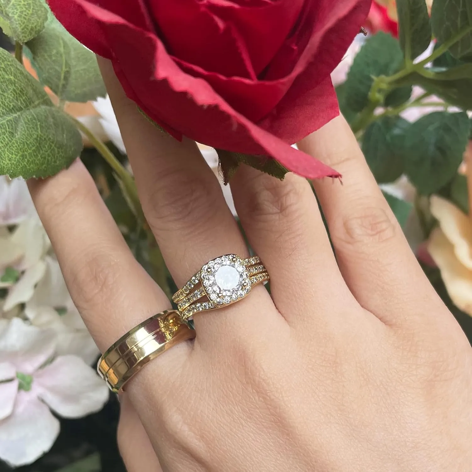 Couple Rings Matching Ring 1.8ct CZ Gold Plated Women Wedding Ring Sets for Him and Her His Engagement Bridal Ring Sets
