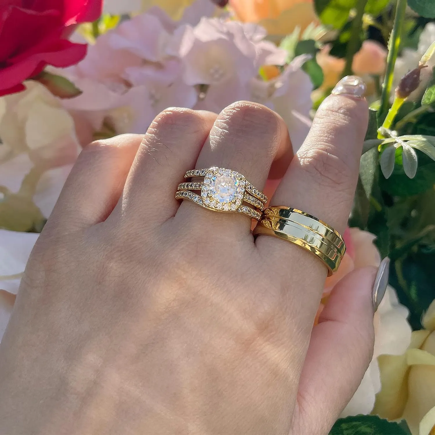 Couple Rings Matching Ring 1.8ct CZ Gold Plated Women Wedding Ring Sets for Him and Her His Engagement Bridal Ring Sets