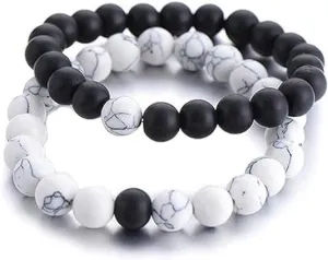 Couples Gifts,Long Distance Relationship Friendship Bracelets Black Matte Agate & White Howlite Natural Energy Stone Beads Bracelets Bangle for His Hers Men Women at Birthday
