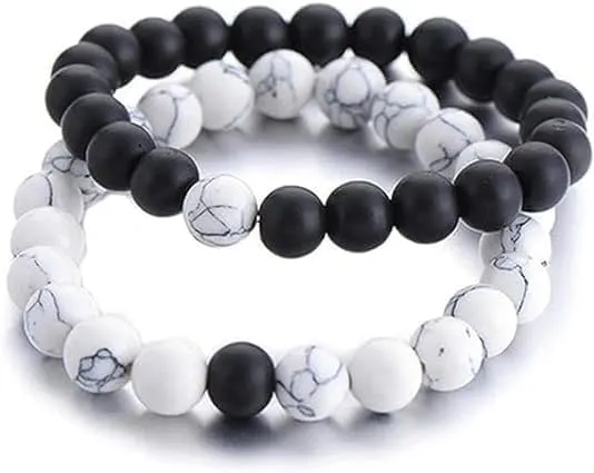 Couples Gifts,Long Distance Relationship Friendship Bracelets Black Matte Agate & White Howlite Natural Energy Stone Beads Bracelets Bangle for His Hers Men Women at Birthday