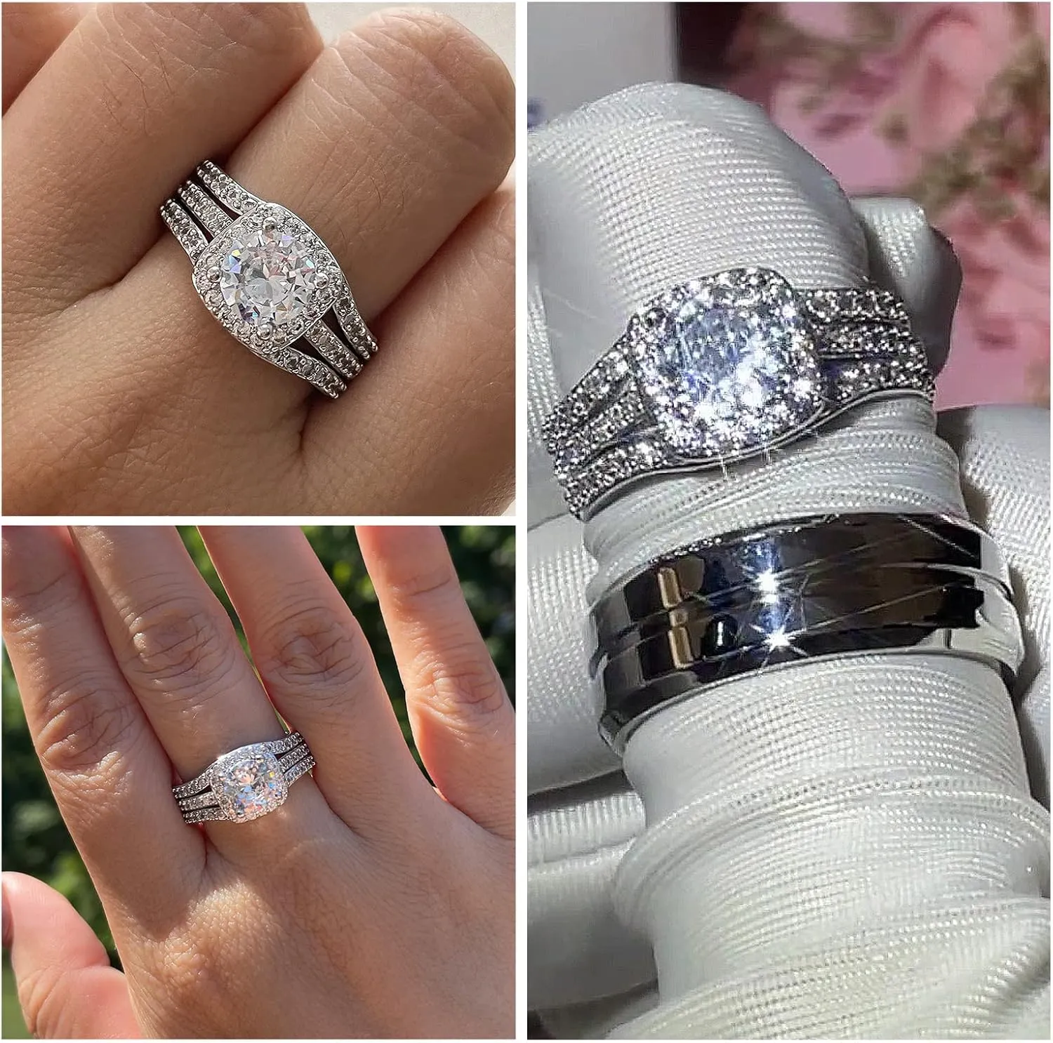 Couples Rings His Hers Women's CZ Engagement 18K White Gold Filled Bridal Ring Sets & Men's Titanium Steel Wedding Band