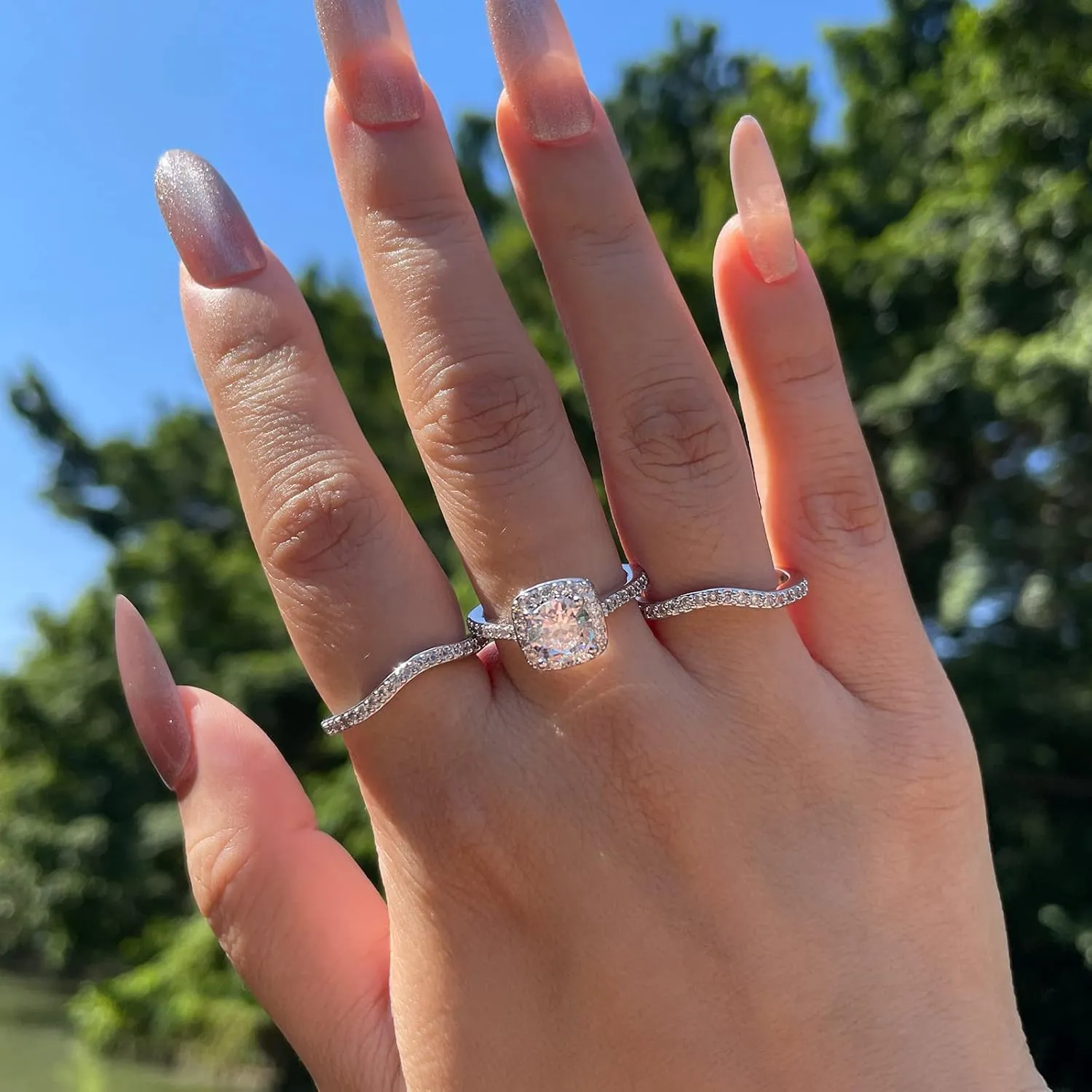 Couples Rings His Hers Women's CZ Engagement 18K White Gold Filled Bridal Ring Sets & Men's Titanium Steel Wedding Band