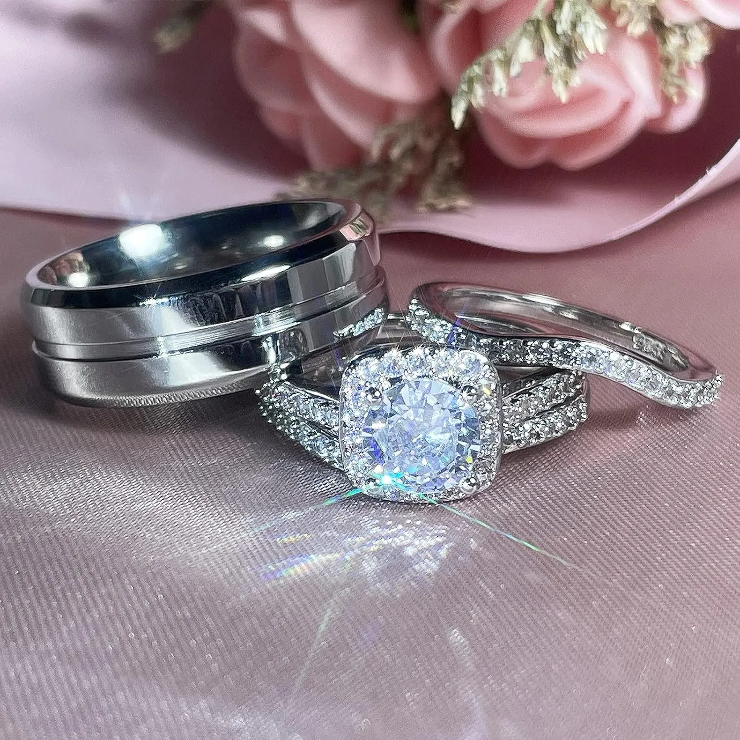 Couples Rings His Hers Women's CZ Engagement 18K White Gold Filled Bridal Ring Sets & Men's Titanium Steel Wedding Band