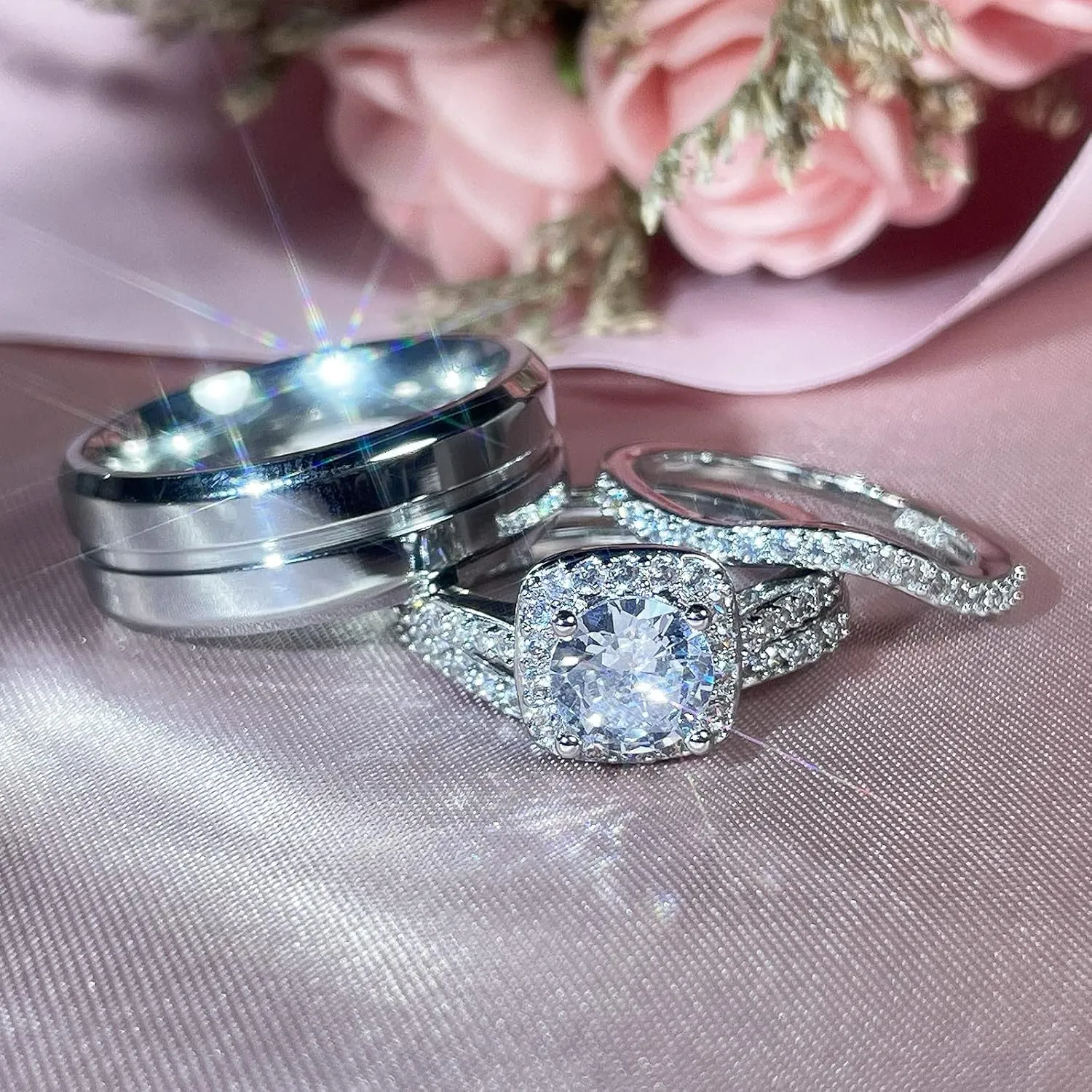 Couples Rings His Hers Women's CZ Engagement 18K White Gold Filled Bridal Ring Sets & Men's Titanium Steel Wedding Band