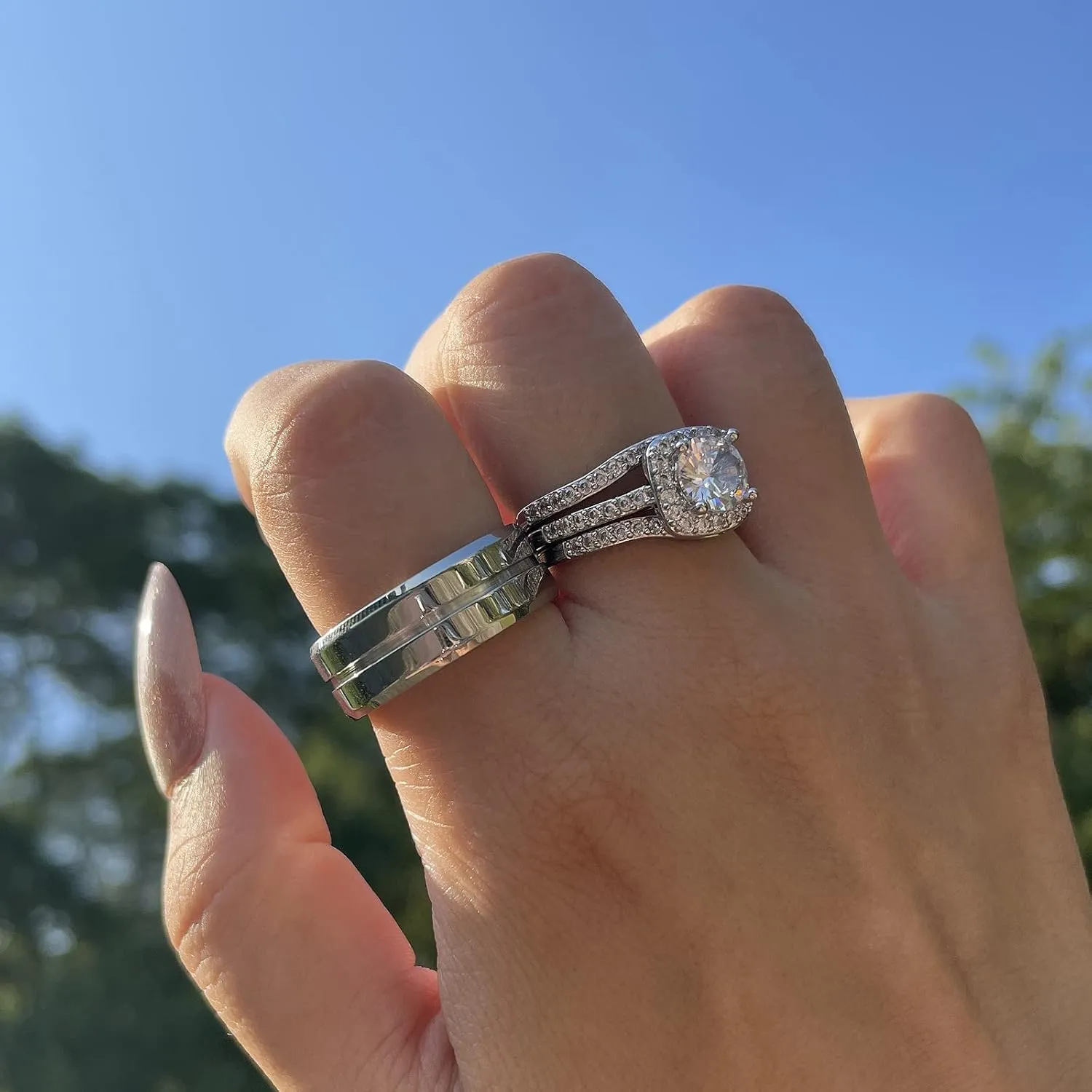 Couples Rings His Hers Women's CZ Engagement 18K White Gold Filled Bridal Ring Sets & Men's Titanium Steel Wedding Band