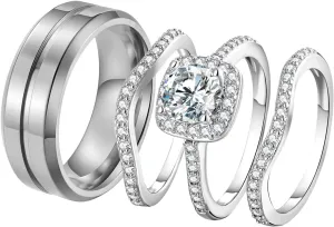 Couples Rings His Hers Women's CZ Engagement 18K White Gold Filled Bridal Ring Sets & Men's Titanium Steel Wedding Band