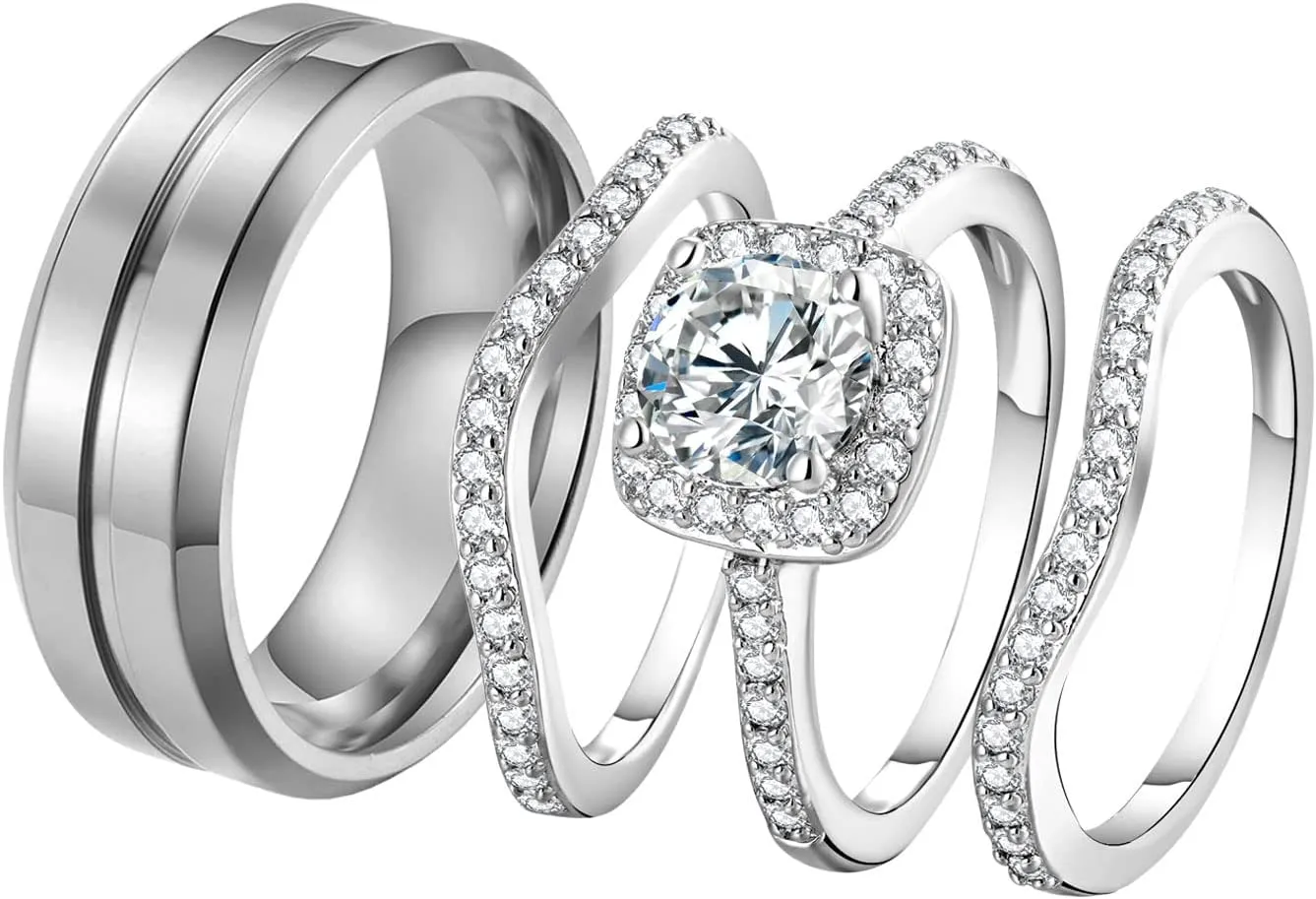 Couples Rings His Hers Women's CZ Engagement 18K White Gold Filled Bridal Ring Sets & Men's Titanium Steel Wedding Band